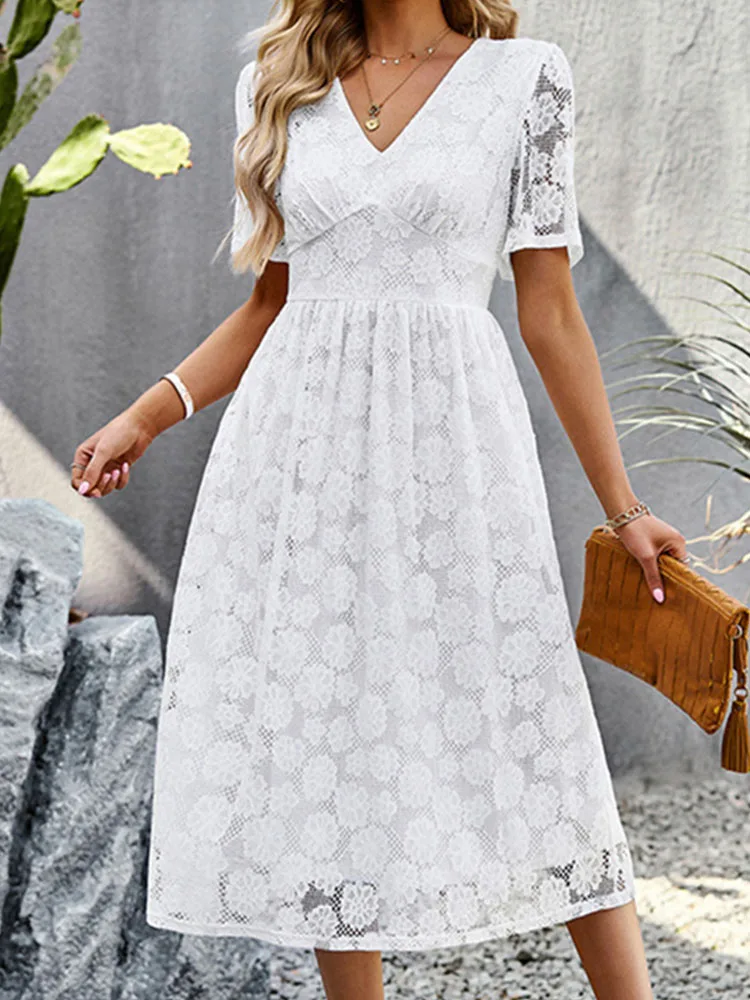 Casual Lace Trimmed Floral Midi Summer Dress main image 1