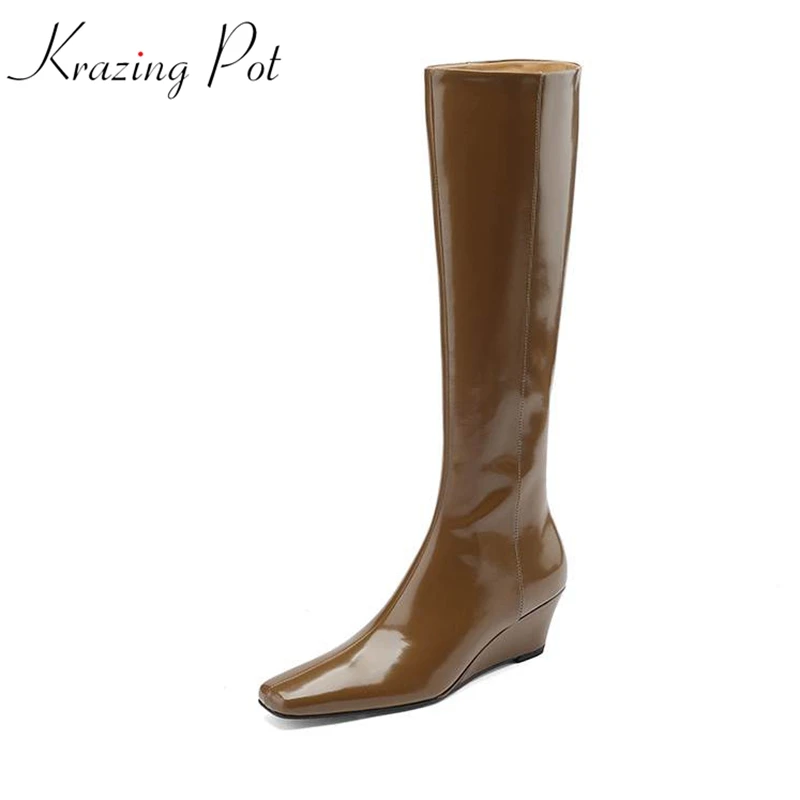 

Krazing Pot Cow Leather Round Toe Winter Warm Riding Boots Thick High Heels Big Size Gorgeous England Style Slip On Knee Boots