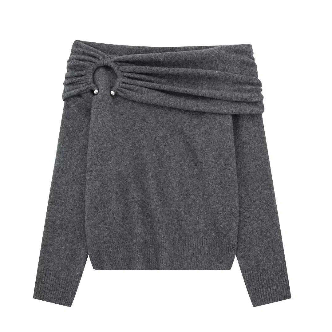 thumbnail image 1 of Suéter de punto con hombros descubiertos TRAF para mujer, suéteres cortos fruncidos, jerseys grises de otoño e invierno, jersey de mujer, top de manga larga, 1 of 5