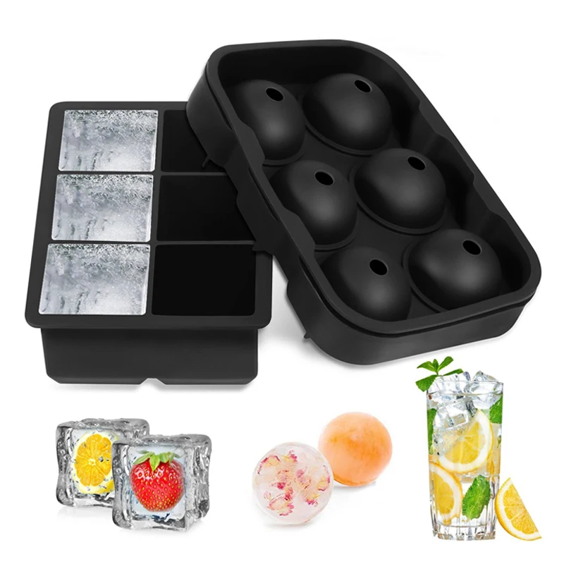 Large Ice Cube Trays Ice Ball Maker with Lids Combo(Set of 2), Silicone  Sphere & Square Flexible Ice Cube Molds for Cocktails, Whiskey, Juice and  Any Drinks- Reusable & BPA Free 