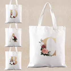 Gold Letter Print Shopping Bags Fashion Tote Bag Eco Canvas Shoulder Bags Large Capacity Shopper Women Casual All-match Handbags