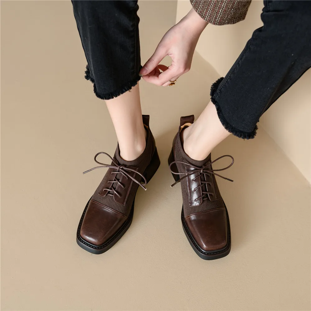 FEDONAS 2024 Women Pumps Splicing Knitting Genuine Leather Shoes Woman Square Toe Spring Autumn Basic Office Lady Working Shoes images - 6