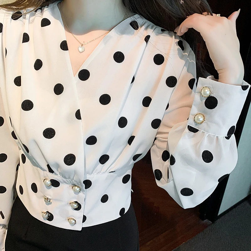 Black Colorblock Contrast Collar Polka Dot Short Sleeve Blouse Top Sz S M L  XL