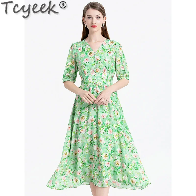 

100% Tcyeek Real Mulberry Silk Dress Print Elegant and Pretty Women's Fashion Summer 2024 Long Dresses for Women