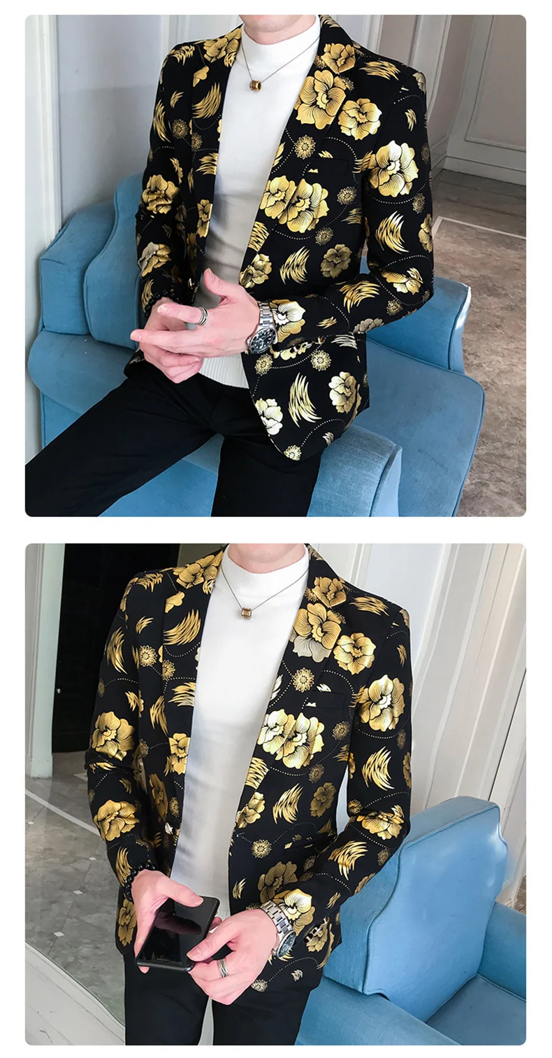 Printed Floral Blazers Mens Night Club Outfits Gold Rose Bomber Jackets Dress Jackets Blazer Masculino Chaqueta Hombre Formal sport coat