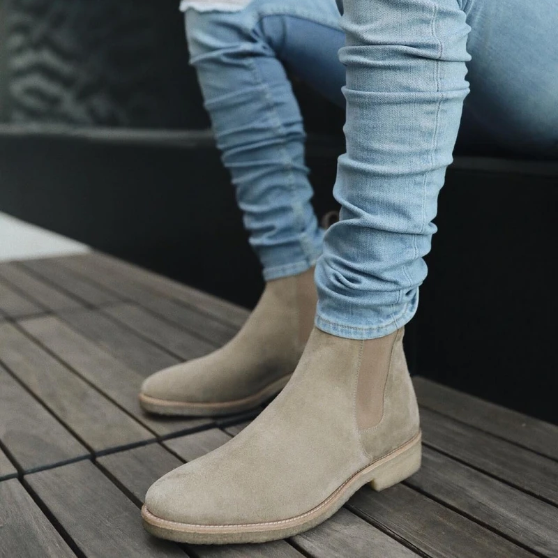 Genuine Leather Chelsea Boots for Men Cow Suede Business Square Toe