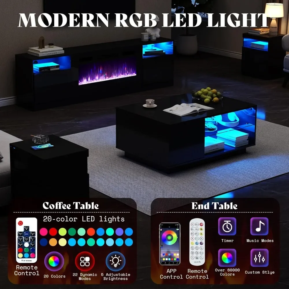 4 Piece Living Room Table Set,70" Fireplace TV Stand, Coffee Table & 2 End Tables,LED Light with Charging Station, Black