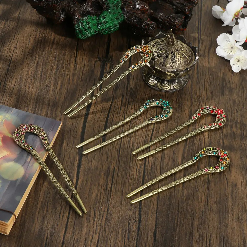Vintage U Shaped Hair Sticks Crystal Chignon Double Prong Hair Pins Headdress Metal Bronze Hairstyle Accessory Hair Chopsticks