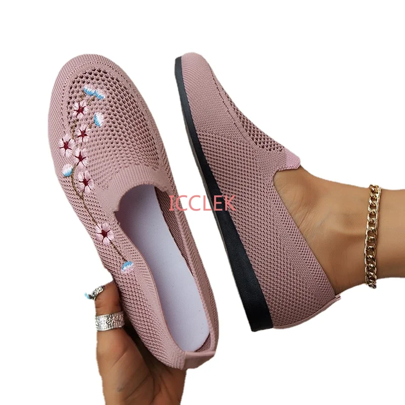 

2023 Fashion Shoes for Women High Quality Round Head Womens Flats Breathable Mesh Shoes Embroider Ladies Shoes Casual Flat Shoes