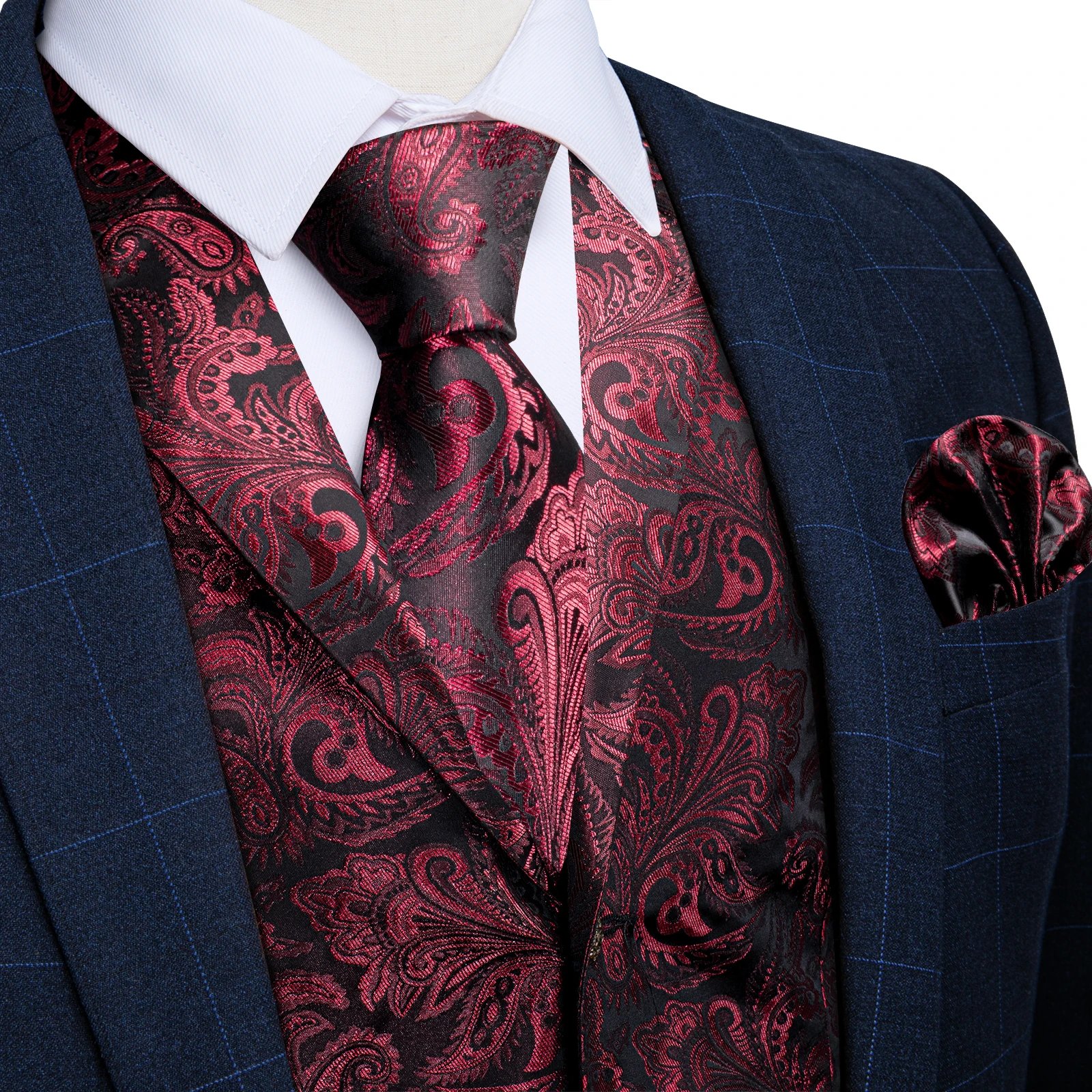 Designer Men's Suit Vest Red Paisley Wedding Party Silk Waistcoat Neck Tie Handkerchief Cufflinks Gilet Men Clothing DiBanGu 2