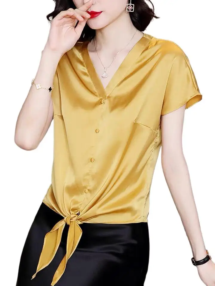 

New Spring Summer Women Elegant Shirts Tops Office Lady Short Sleeved Satin Shirt Casual Single-breasted Acetate satin Blouse