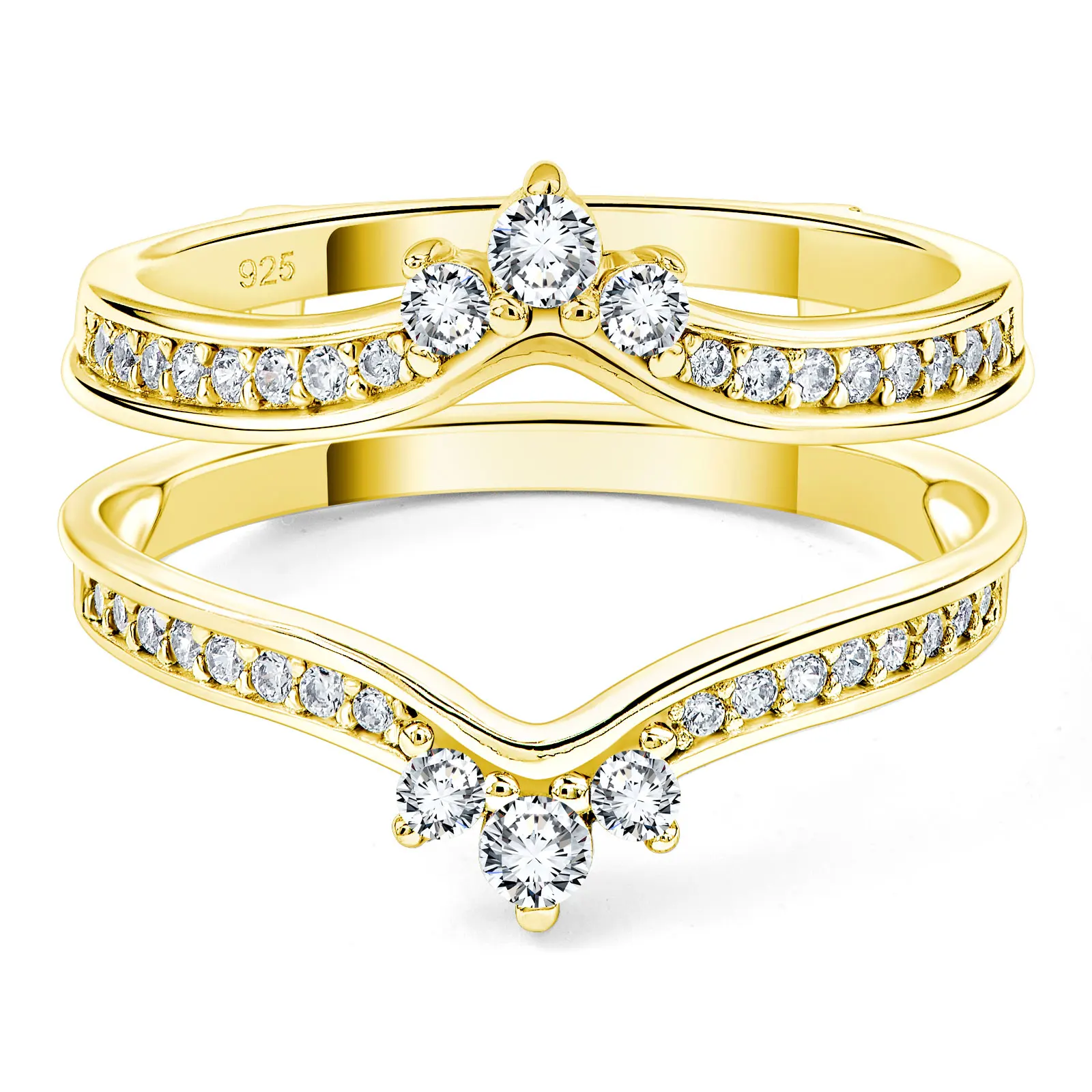 Newshe 925 Silver Yellow K Gold Crown Wedding Rings for Women Guard Enhancers Round Cubic Zirconia Adjustable Wrap Band