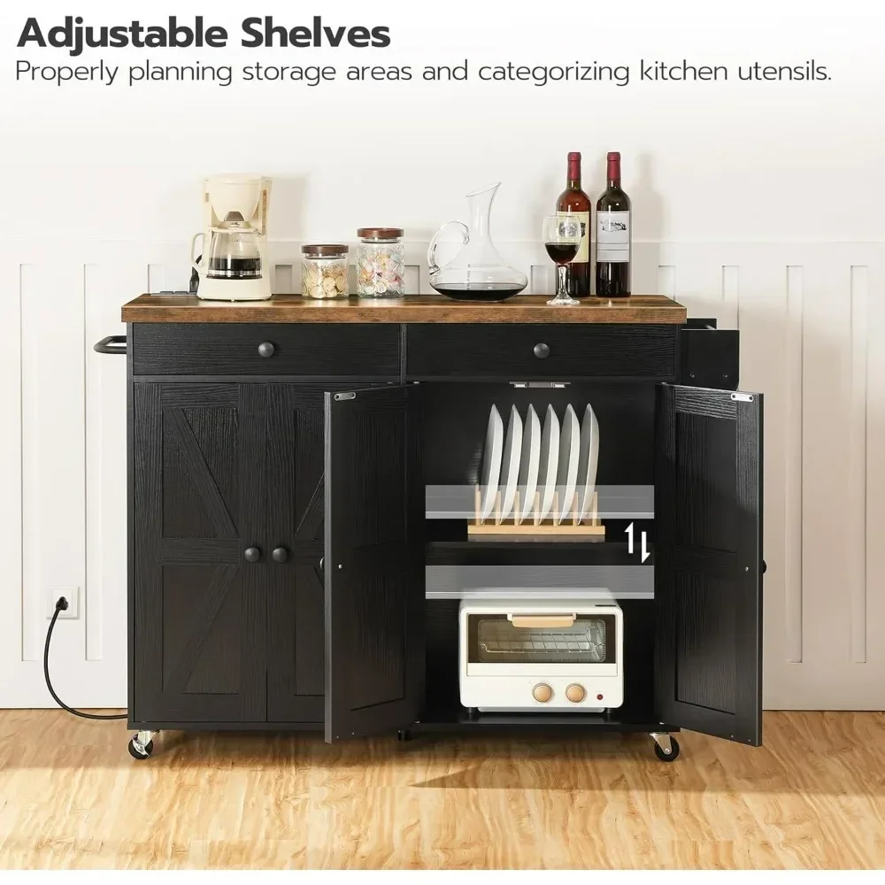 Kitchen Island with Charging Station, Rolling Kitchen Island with Storage, Cart Spice Rack and Hooks