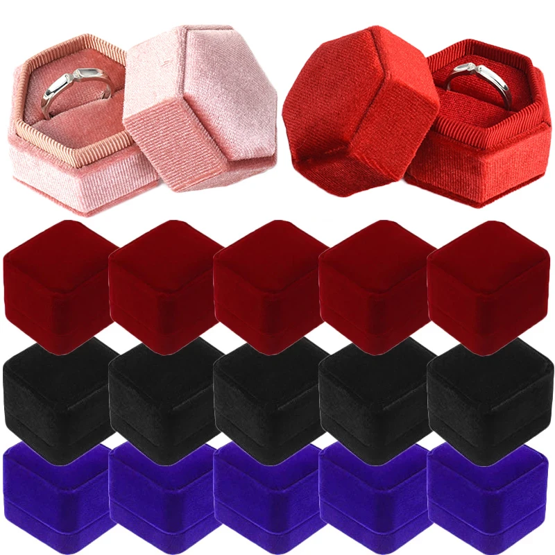 Caja de terciopelo con forma hexagonal para anillos de boda, caja de