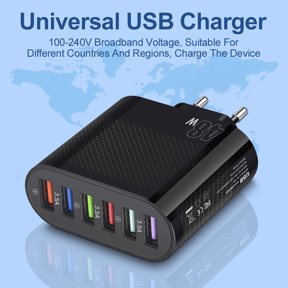 6 Ports 48W USB Charger Quick Charge 3.0 Wall Mobile Phone Adapter For iPhone Samsung Xiaomi Huawei Fast Charging 3.5A Charger