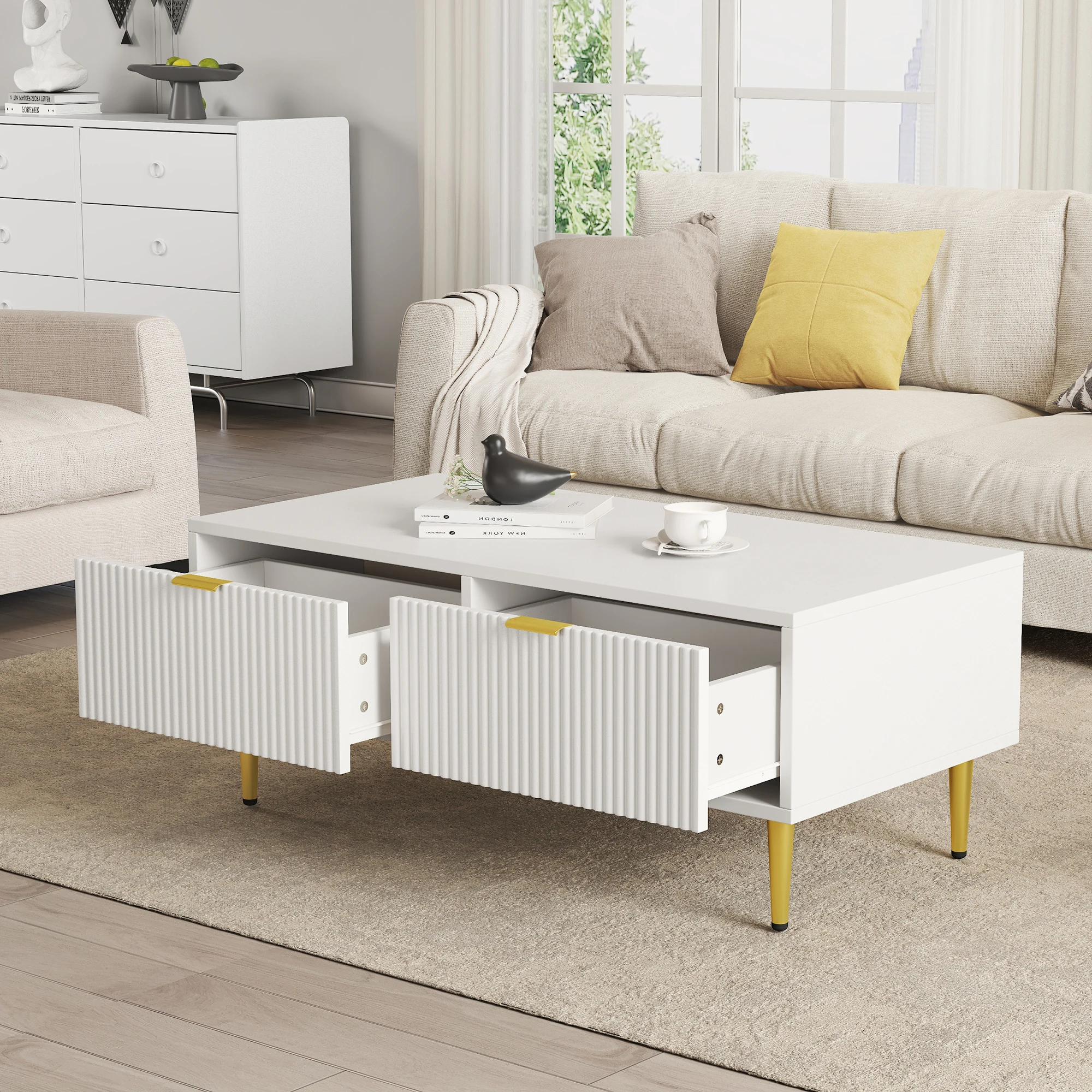 KOMHTOM Moderner Weißer Couchtisch mit Goldenen Akzenten 100x50x40cm, 2 Schubladen, Vertikales Streifendesign – Detail 3