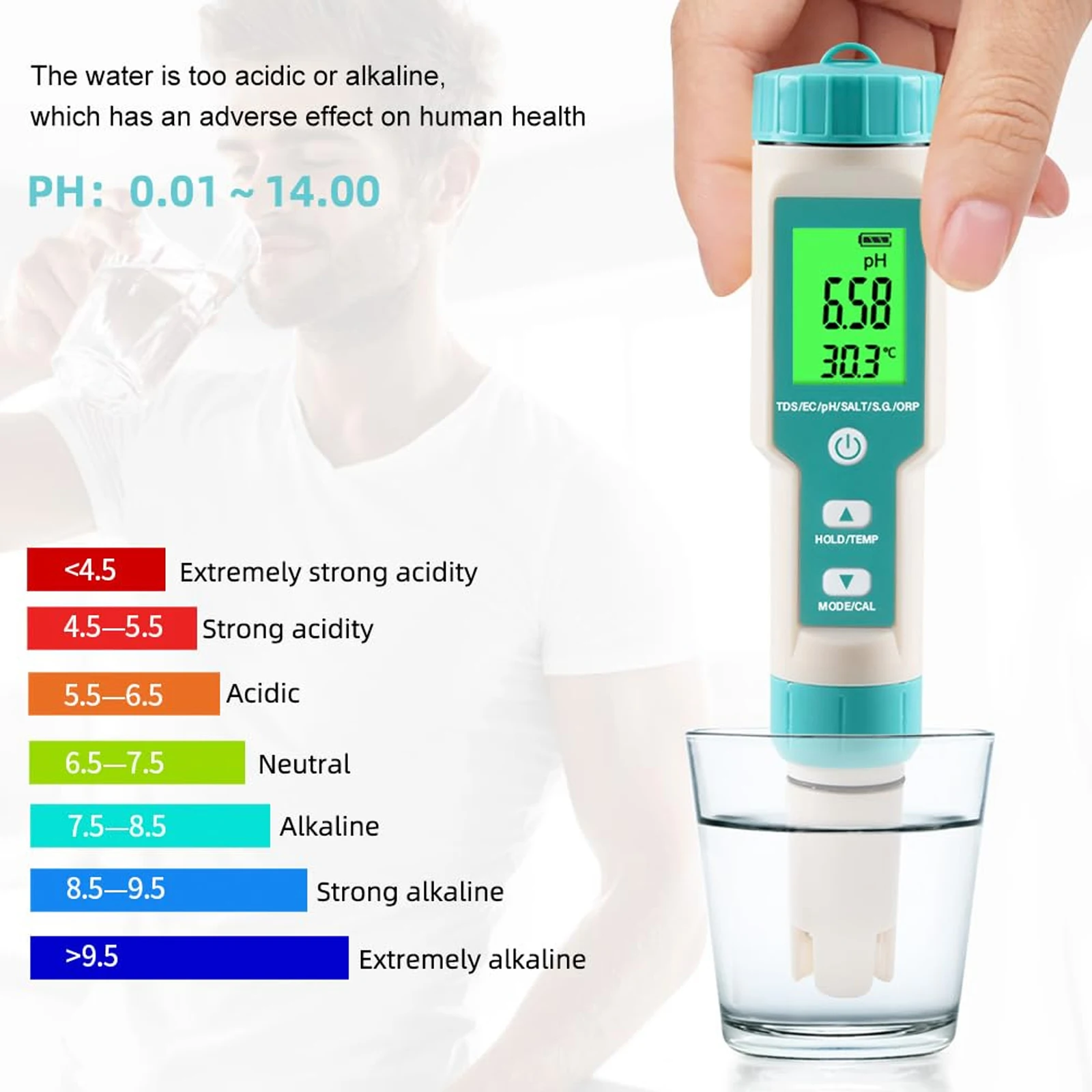디지털 수질 감지기, 7 in 1 PH/TDS/EC/염분/S.G/ORP/온도 측정기, 다기능 수질 테스터 모니터, 수영장용
