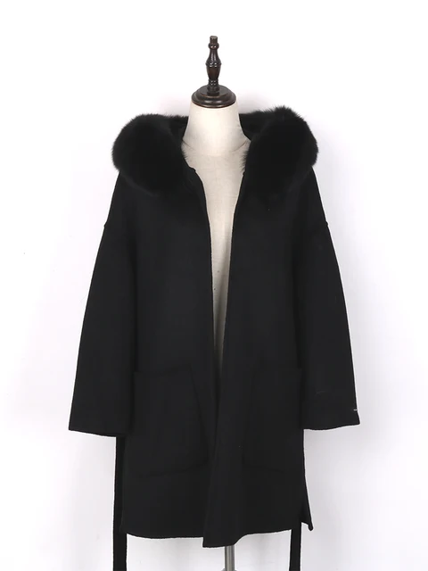 Faux Fur Collar Black Wool Coat With Fur Hood 2023 Real Fur Coat