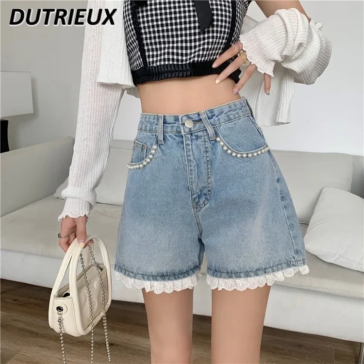 Design Sense Niche Stitching Lace Ruffled High Waist Denim Shorts Women's Summer 2024 New Loose Sweet Wide Leg Short Pants
