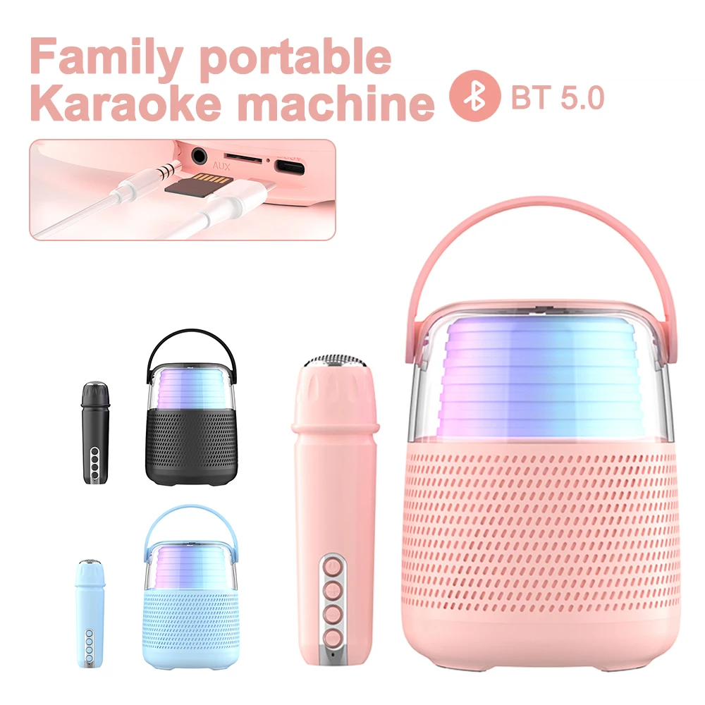 Portable Bluetooth Speaker with Microphone Karaoke LED Color Light Wireless Bluetooth Speaker Stereo Sound Audio Home Mini KTV