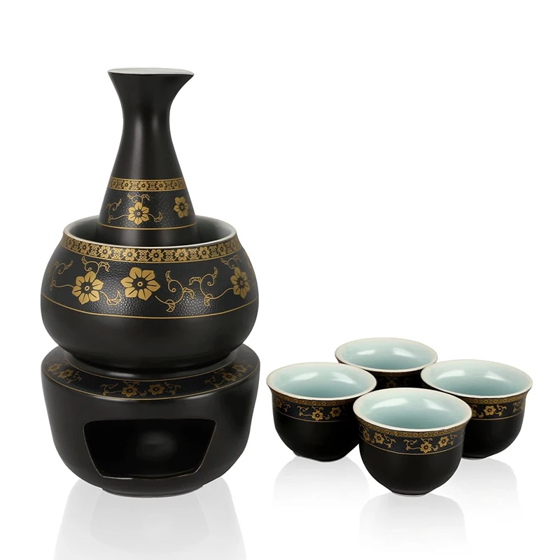 Ceramic Sake Set Janpanese Sake Set With Wamer 7pcs Wine Set With 1 Carafe 4 Sake Cups 1 Warmer Candle Stove