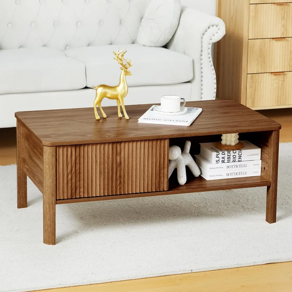 Mid-Century Modern Rectangular Wood Coffee Table with Dual Storage Shelf, Storage Center Coffee Tables with Waveform Panel 3
