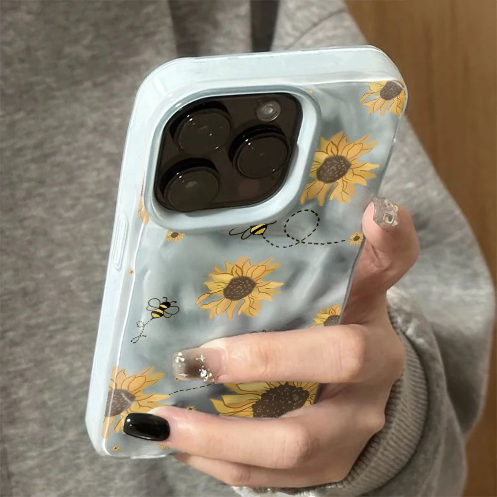 Sunflower Bee Illustration Pattern Phone Case with Simple Wrinkled Texture Cover