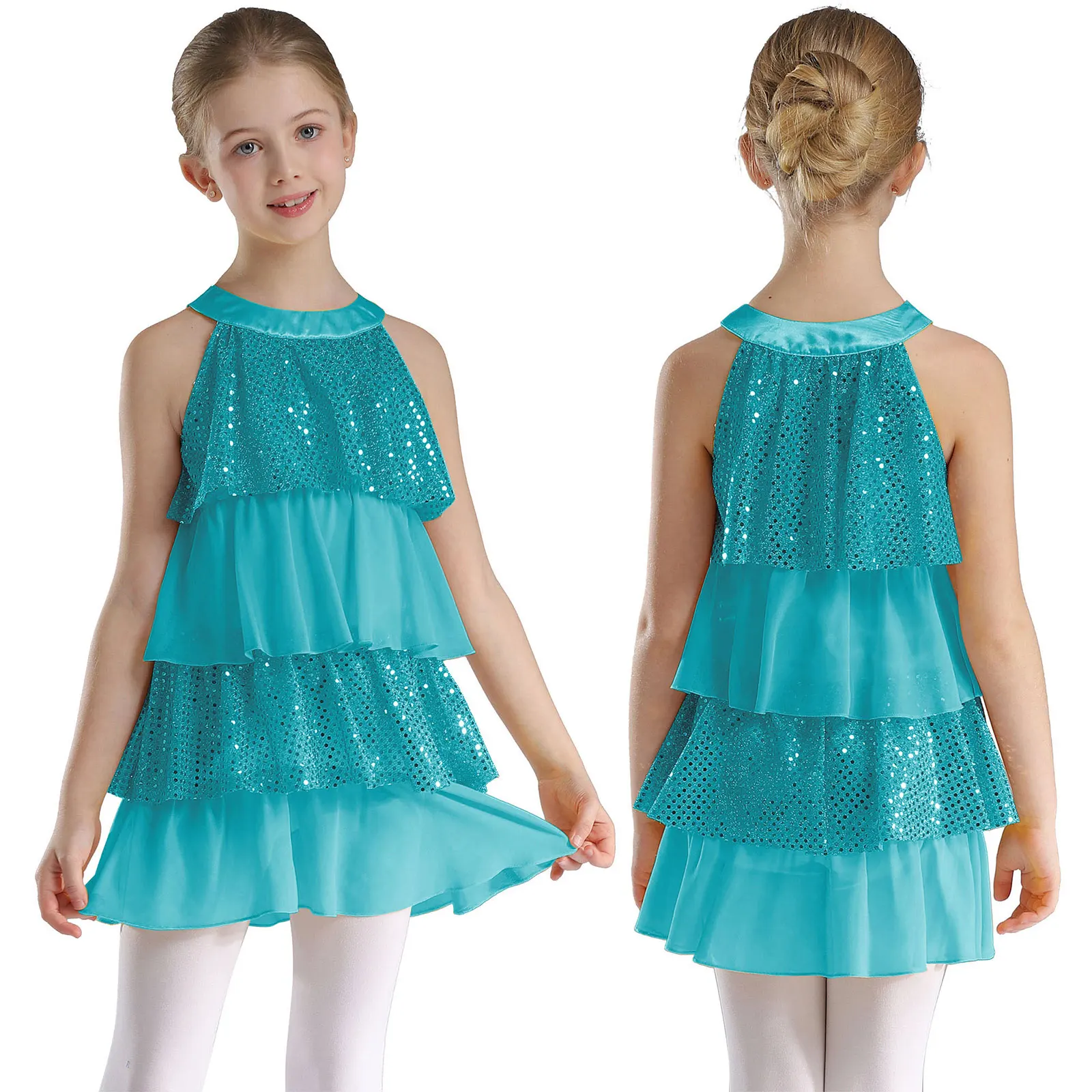 Niños Niñas lentejuelas brillantes moderno Jazz baile latino traje de actuación escalonado vestido con volantes Patchwork A-Line Ballet Unitards vestido
