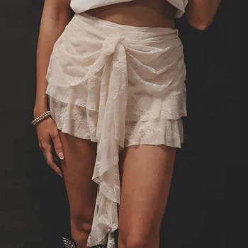 Women Y2k Lace Ruffle Mini Skirt Elastic Waist Layered Flared Pleated A-line Skirts Swing Beach Short Skirt