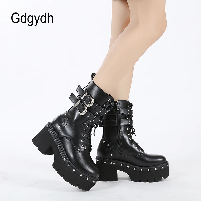Sepatu Boots Buckle Boots Punk Rock Combat Boots Gdgydh Black