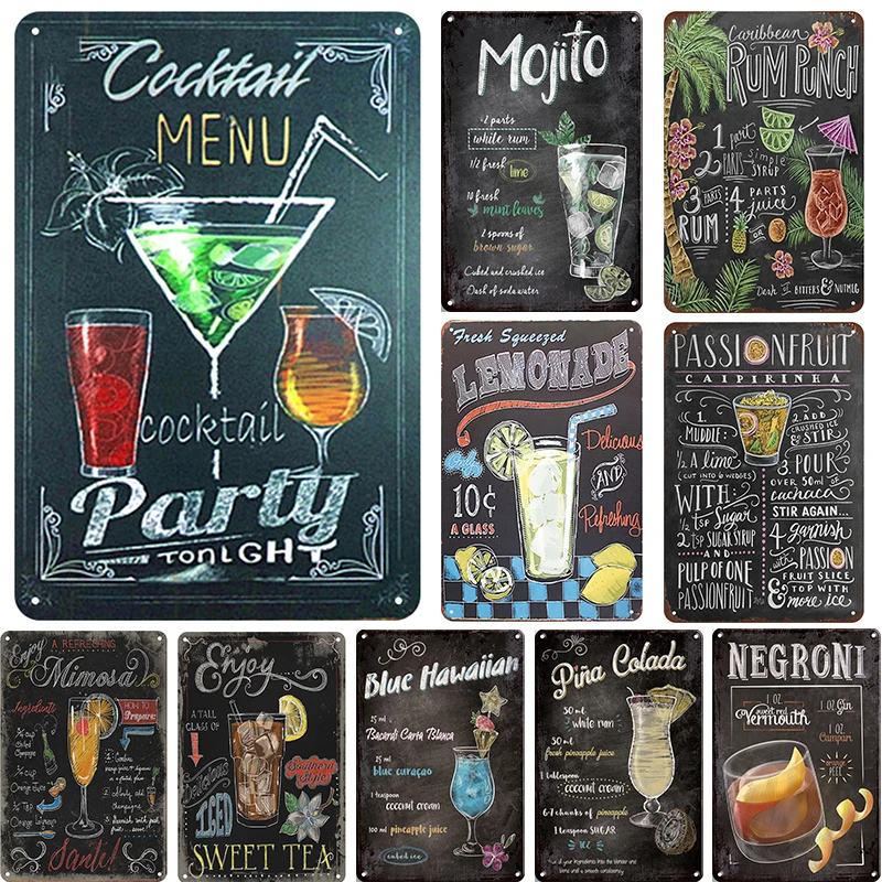 

Pub Cocktail Menu Mojito Pina Colada Negroni Retro Vintage Metal Plate Bar Decoration Wall Decor Poster Tin Sign For Club