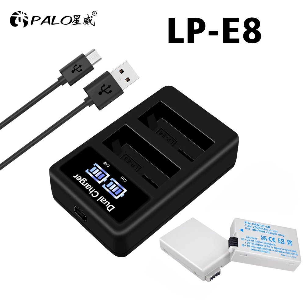 Lp-E8 Lpe8 Lp E8 Lp E8 7.4V 2000Mah Batteria Per Fotocamera + Caricatore Doppio Lcd Per Canon Eos 550D 600D 650D 700D X4 X5 T2I T3I X6I X7I