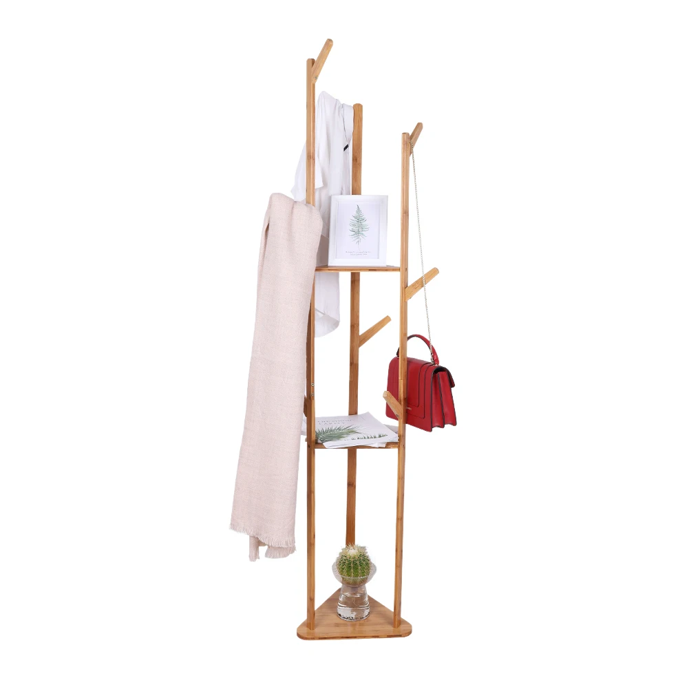 Bamboo Coat Rack Tree Cloth Hanger 9 Hooks 3-Layer Shelf Stand Hallway Living Room for Hat,Clothes,Scarves,Handbags,Umbrella