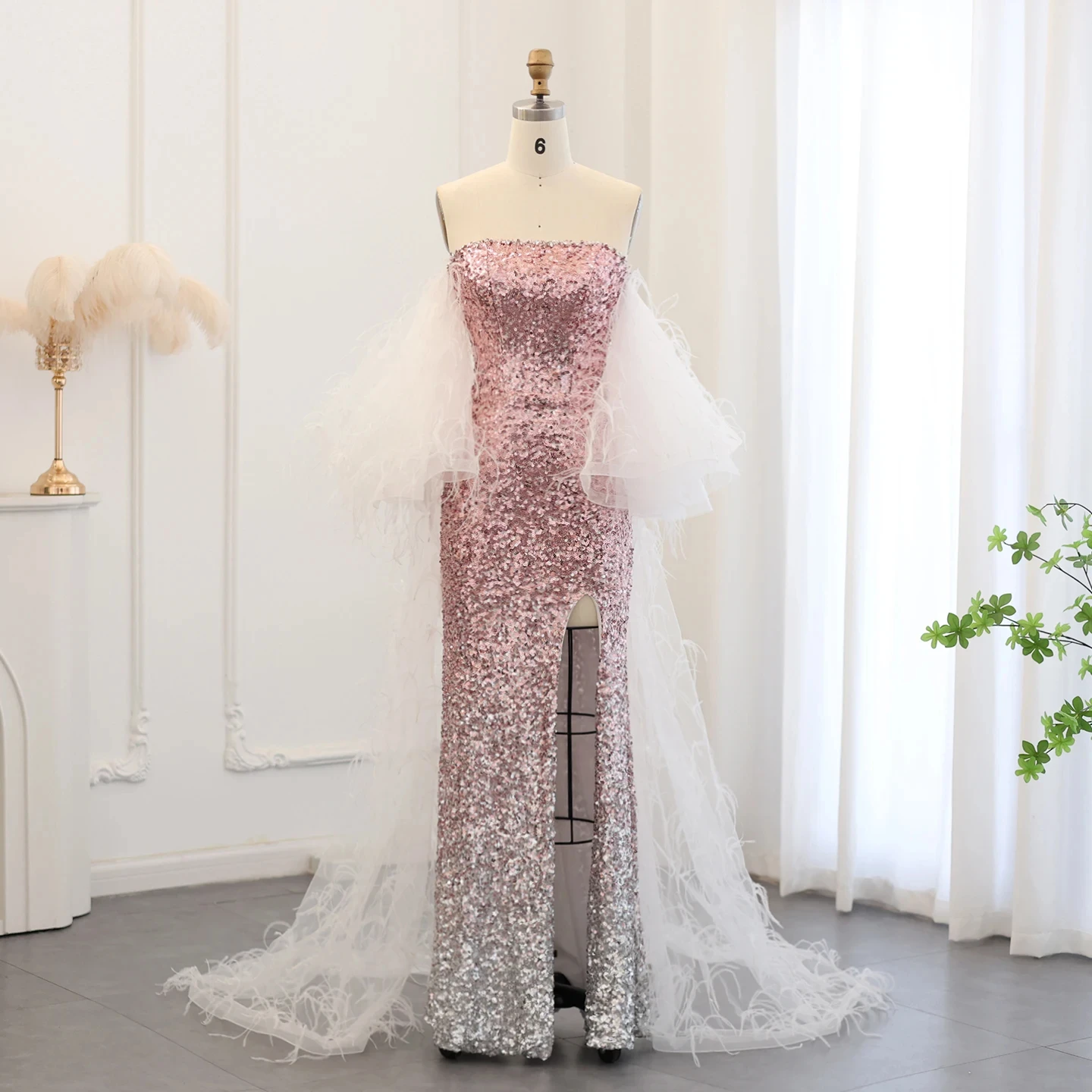 

Jancember Dubai Ombre Pink Sequin Mermaid Evening Dresses with Feathers Cape Arabic Women Wedding Party Gowns SZ514