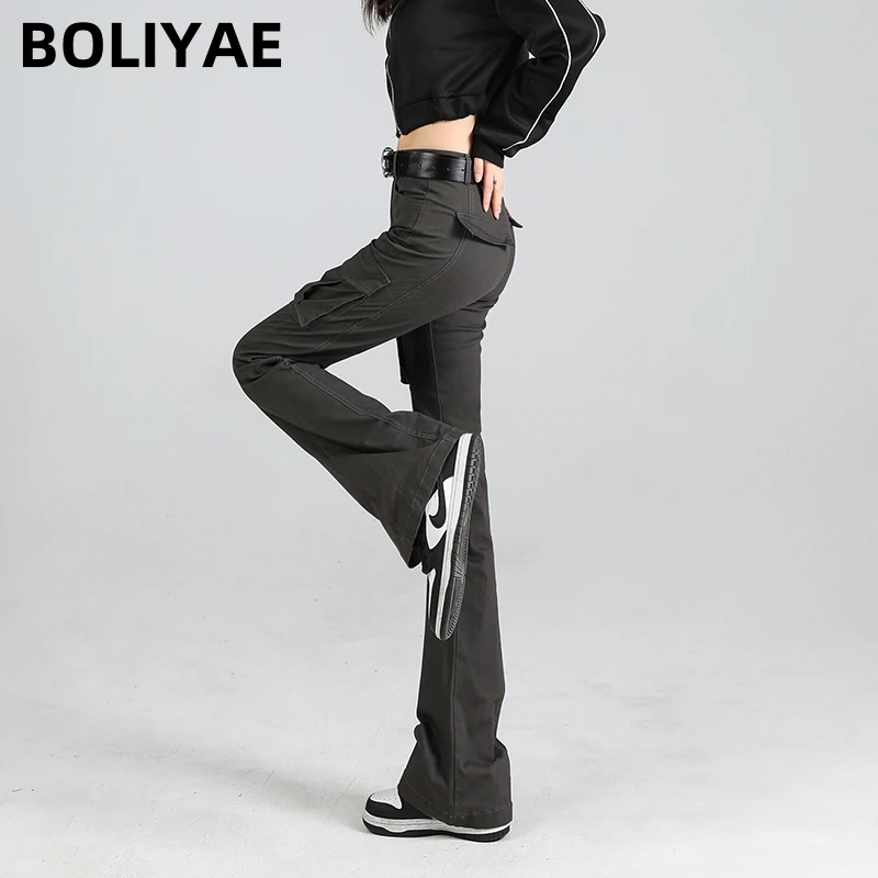 Boliyae Slim Flare Jeans Women 2024 New High Street Vintage Elasticity Trousers Chic High Waisted Cargo Denim Pants Female Grey