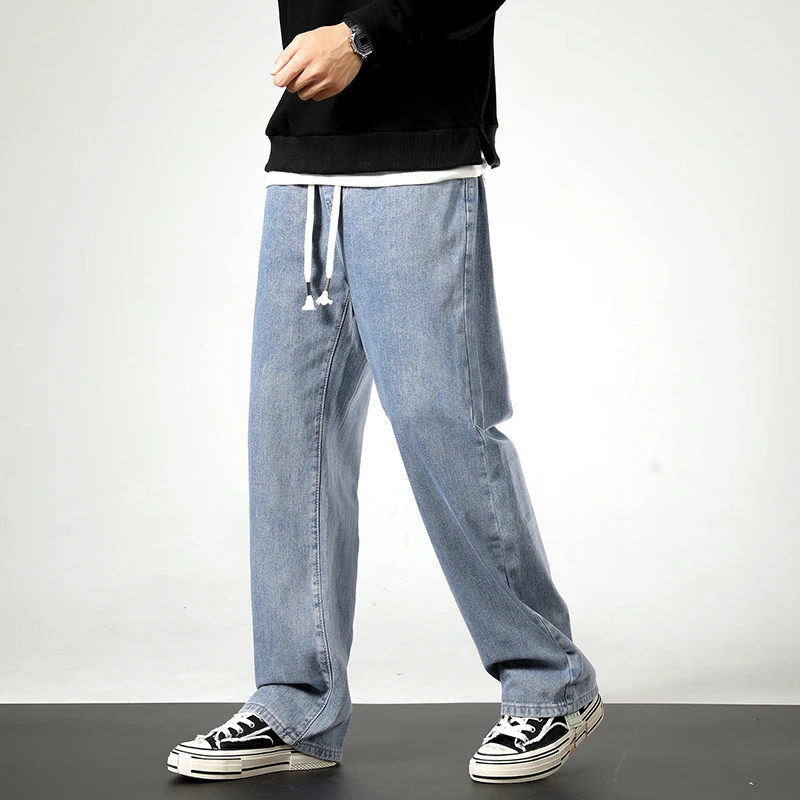 New Style Y2K Jeans Mens Straight Loose Elastic Waist Hip Hop Trouser Streetwear High Street Wide Leg wash Baggy Pants Men
