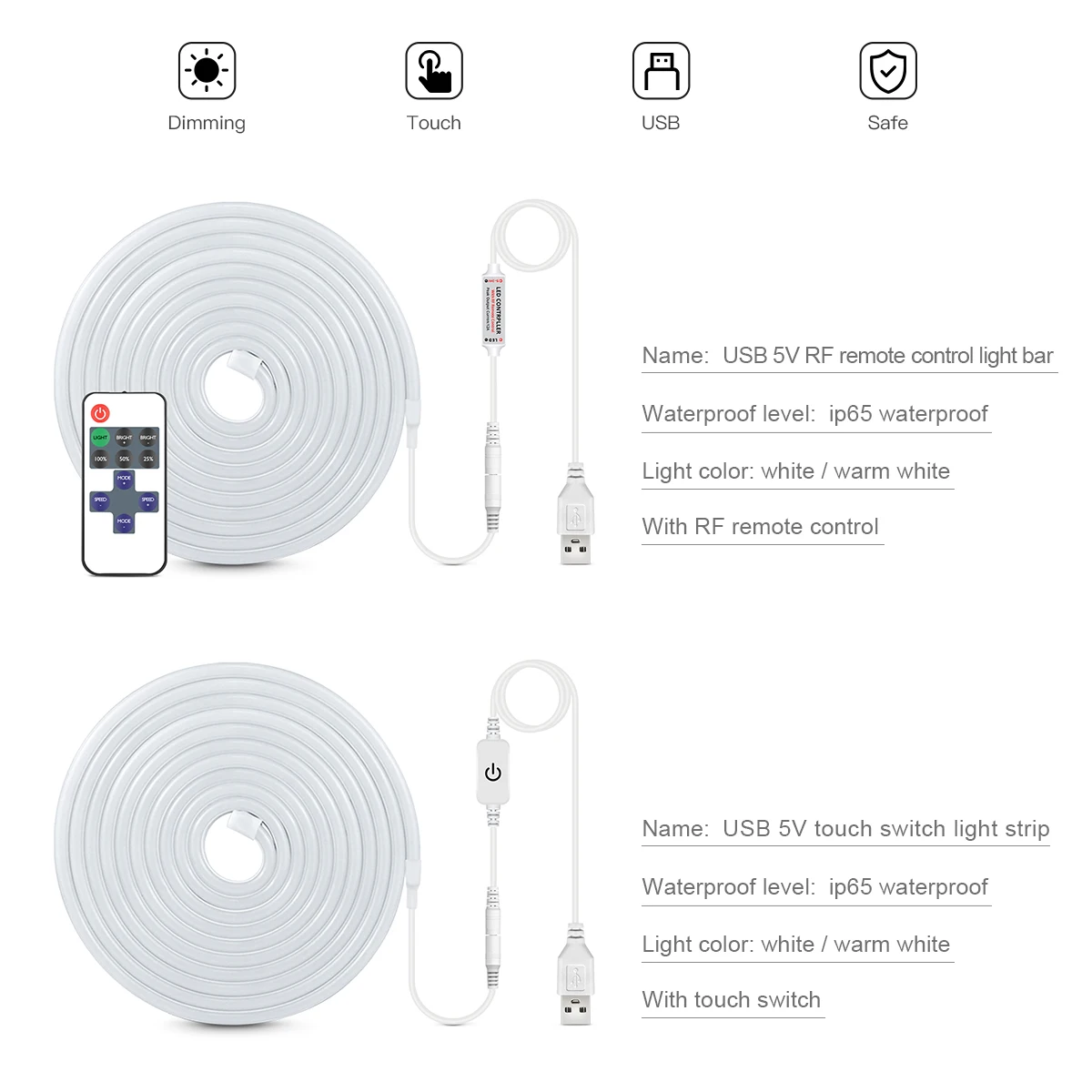 USB LED Strip Lights Decoration Neon Flexible Light Touch Dimming RF Remote  tira luz led streifen Kitchen Cabinet Night Lamp