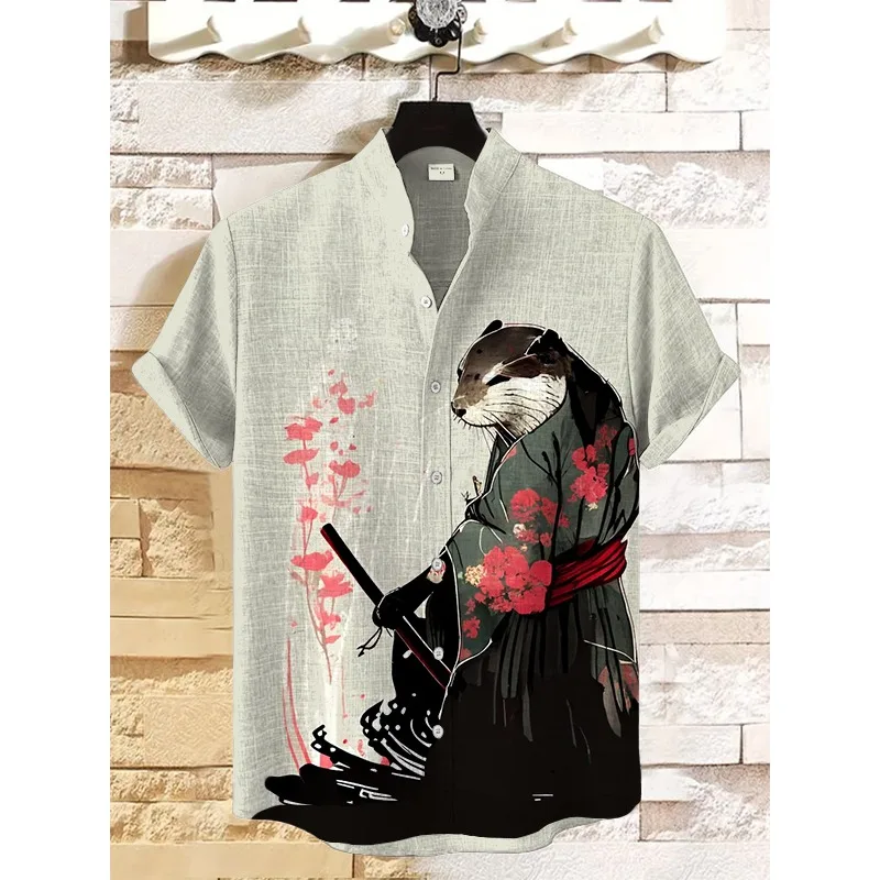 Men's Floral Otter Water Japanese Art Print Casual Shirt Harajuku Summer Hipster Button Down Shirts Holiday Hip Hop Streetwear