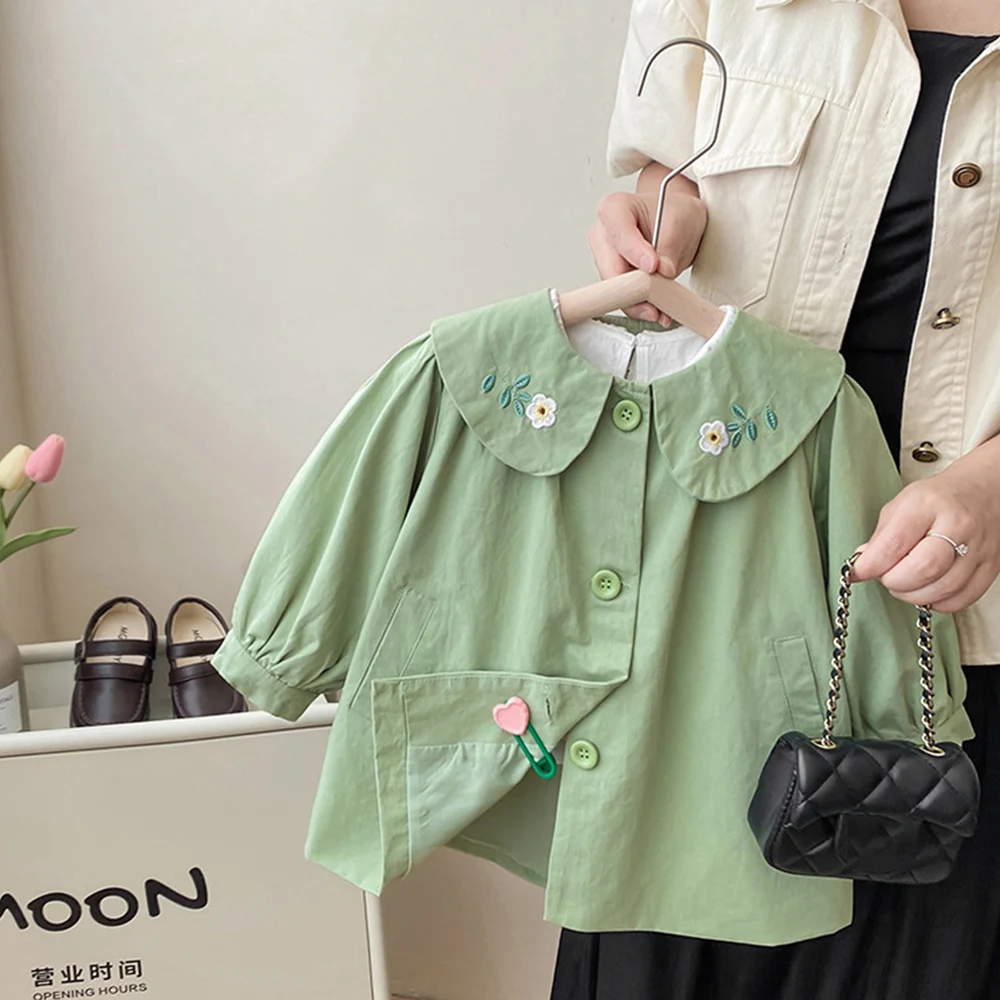 Kids Girls Trench Coat Floral Embroidery Peter Pan Collar Versatile Windbreaker Children Casual One Breasted A-Line Jackets 1-8Y