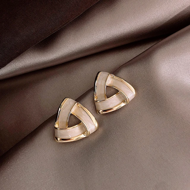 Fashion Twisted Woven Triangle Stud Earrings for Women Temperament White Enamel Oil Metal Golden Earrings 1