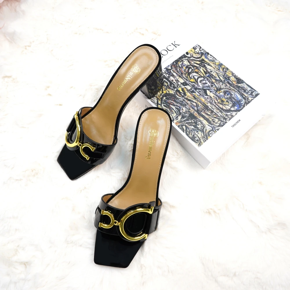 Fashion ladies high heels luxury leather slippers square toe women's shoes suitable for party and banquet slippers size 44