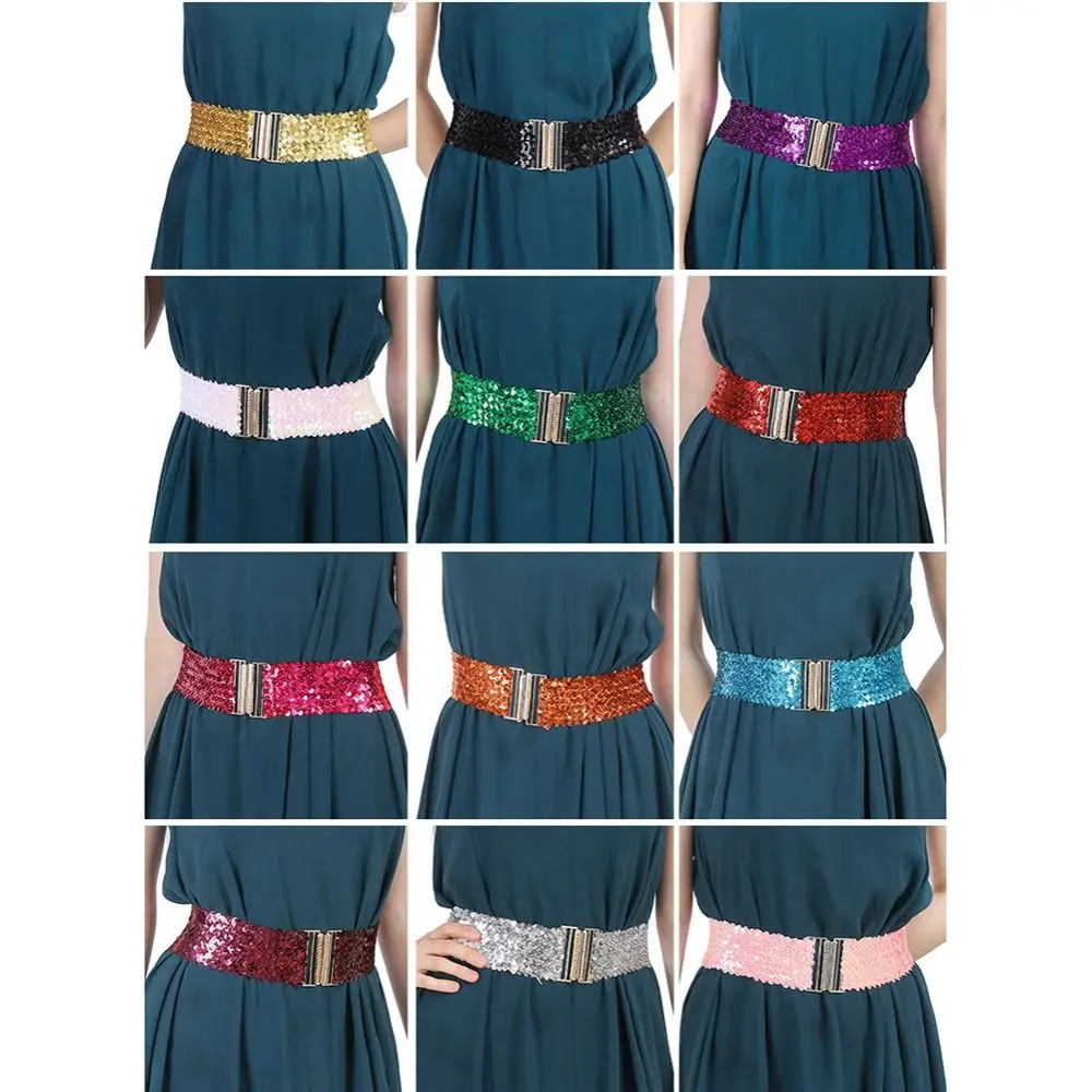 Goldschnalle, elastischer Pailletten-Damen-Stretchgürtel, Colured, breiter, glänzender Bund, Korsett, Neu
