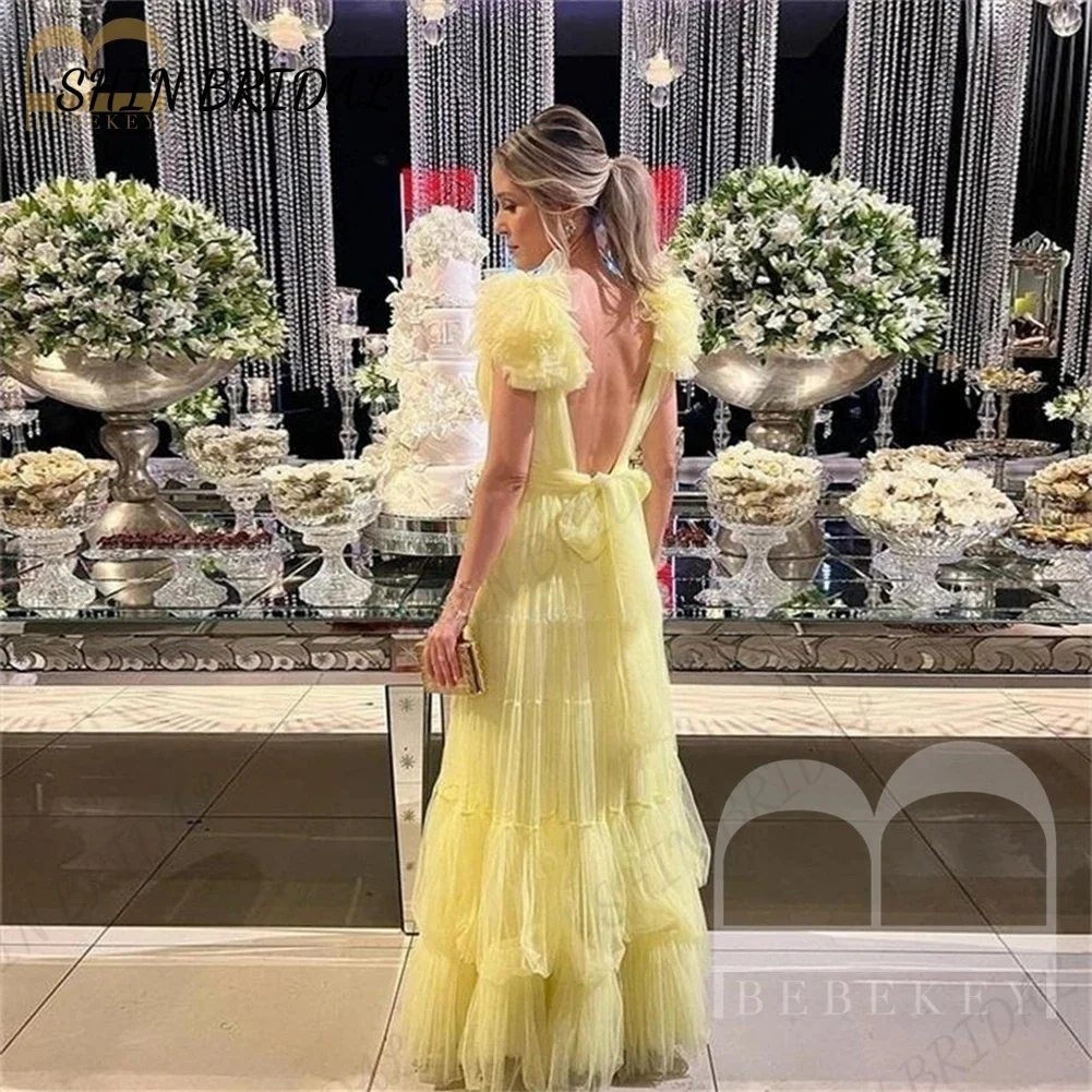 

Женское фатиновое платье с глубоким V-образным вырезом, желтое вечернее платье-трапеция для выпускного вечера, 2024