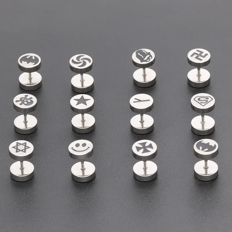 Stainless Steel Barbell Dumbbell Studs Earrings For Men Women Punk Gothic Pattern Earrings Fashion Piercing Jewelry Wholesale 4