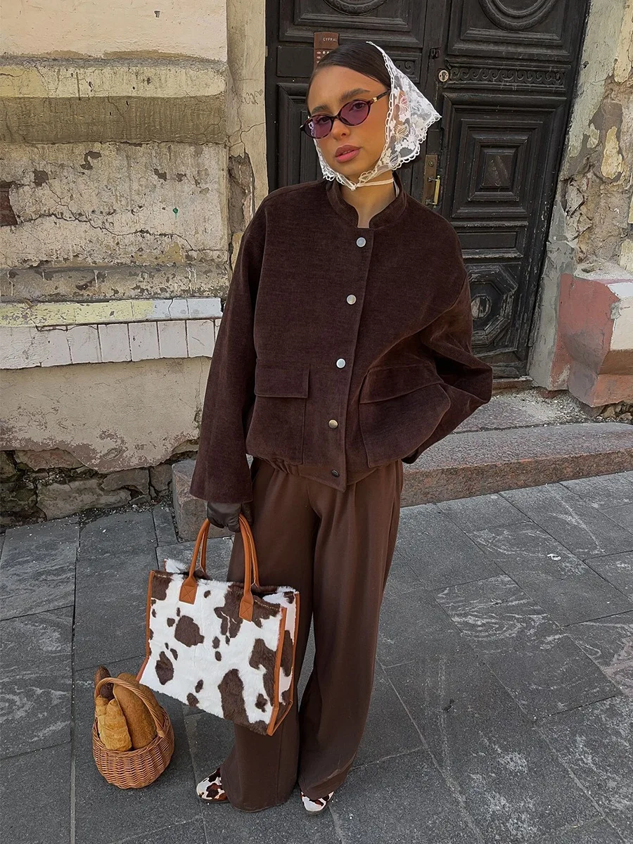 Bornladies Women's New Autumn 2025 Brown Corduroy Jacket Stand Collar Trendy Loose Fit Single - Breasted Long Sleeve Fashion