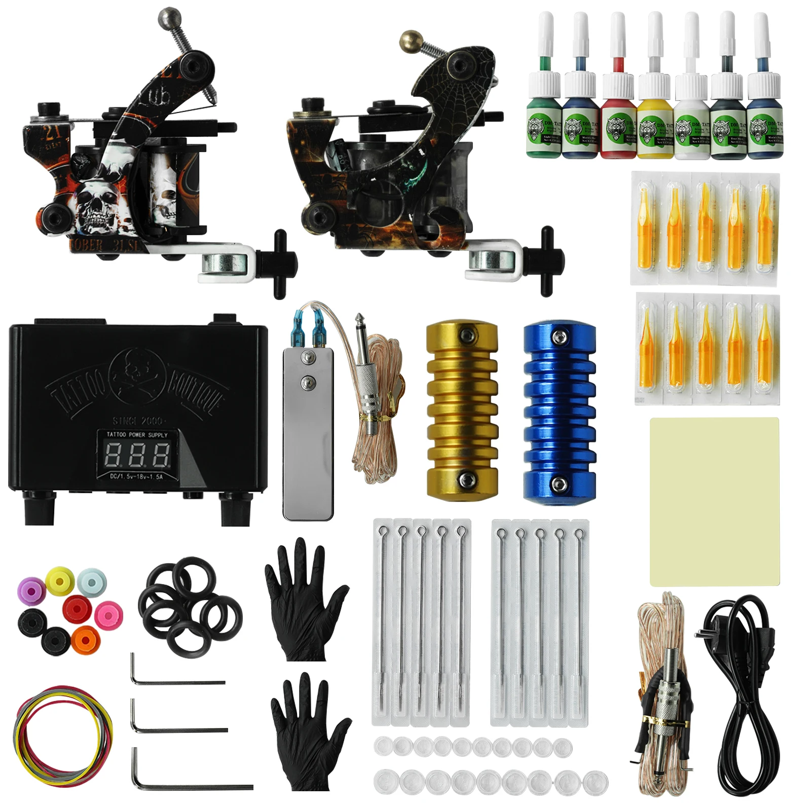 

Coil Tattoo Machine Kit Complete for Beginner Double Tattoo Machine Set With Ink Power Supply Grip Body Art Tools For Tattoo Art