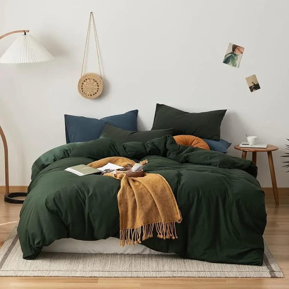 

Dark Green Duvet Cover 100% Jersey Knit Cotton Duvet Cover Queen Olive Green Comforter Bedding Quilt Cover with 2 Pillowcases