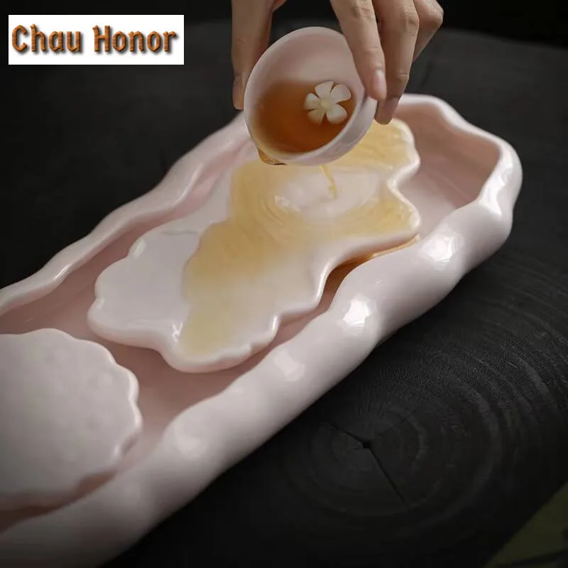 Japanese Style Pink Jade Porcelain Dry Bubble Table Tea Tray Household Small Tray  Kung Fu Teaset Water Storage Accessories Gift
