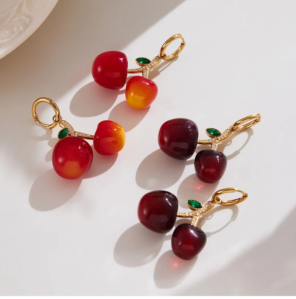 Süße rote Harz Kirsche Anhänger Halskette Edelstahl vergoldet Kette Armband Tropfen Ohrringe Damen Luxus Schmuck Set – Detail 16