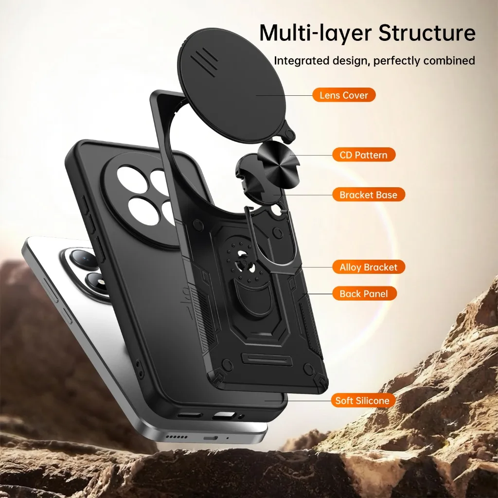 Rugged Shockproof Phone Case with Slide Camera Protection and 360° Rotating Ring Holder Kickstand